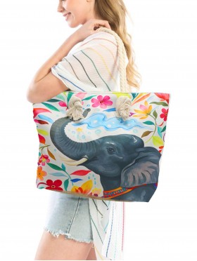 Canvas Elephant Print Shoulder Tote